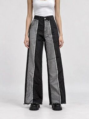 Colorblock Raw Trim Wide Leg Jeans, Black & Gray